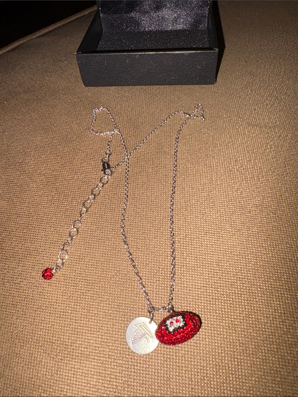 Delicate Silver Necklace with Red Sequin Football Pendant Atlanta Falcons Charm
